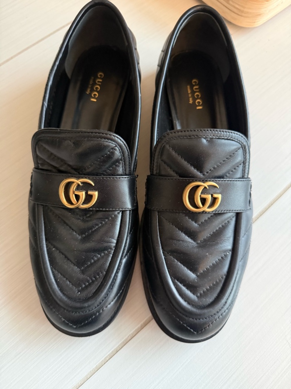 Gucci Black Quilted Leather GG Logo Loafers for women